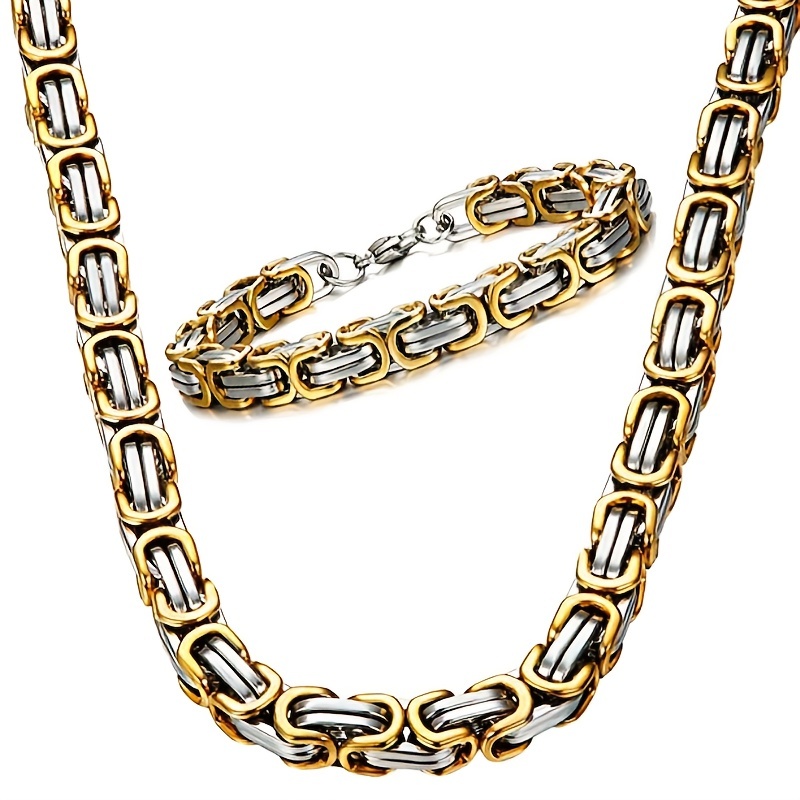 304 Stainless Steel Mens Byzantine Chain Plated Jewelry Set